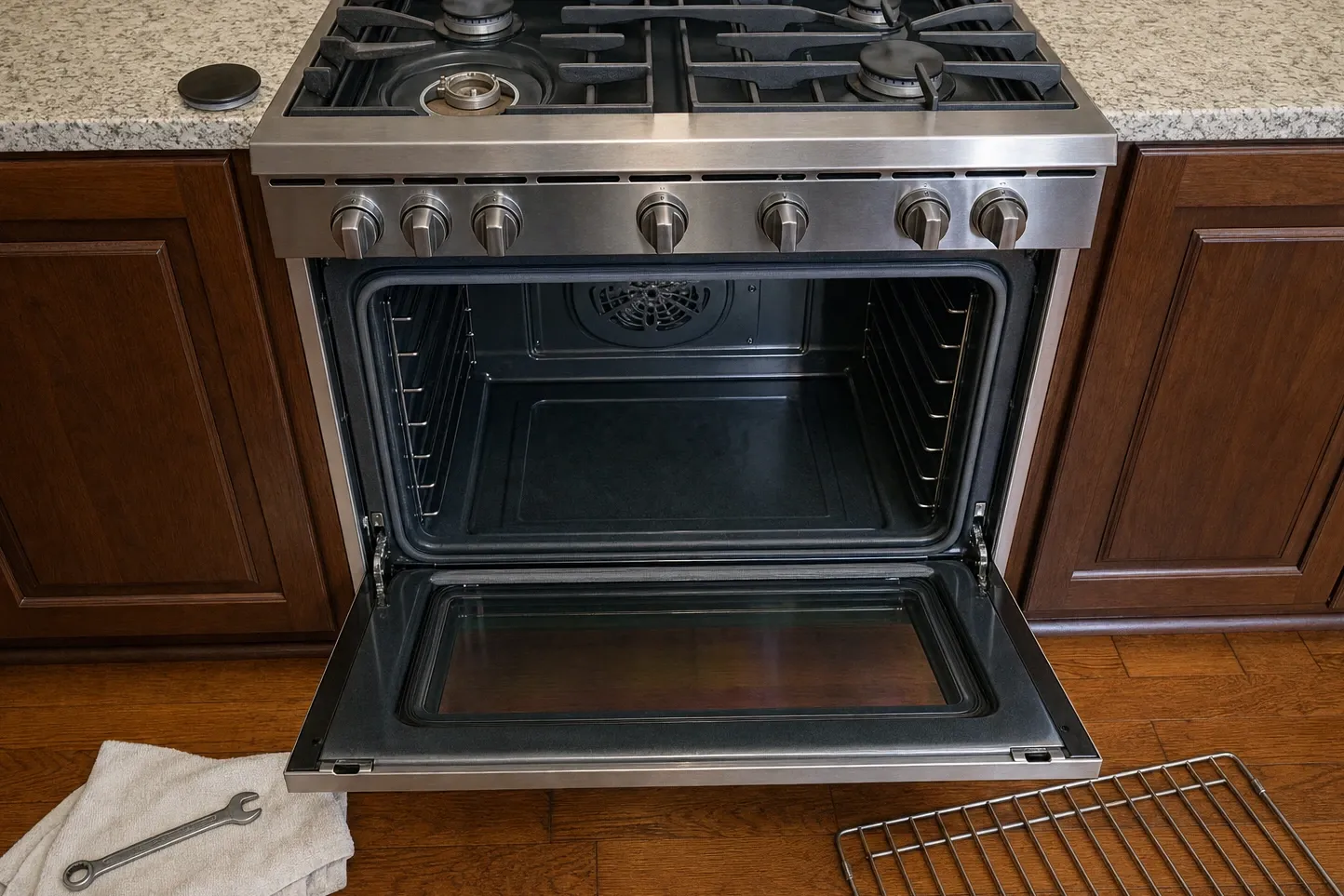 Slide-in gas range with the oven door fully open, showing an empty cavity and the rear convection cover