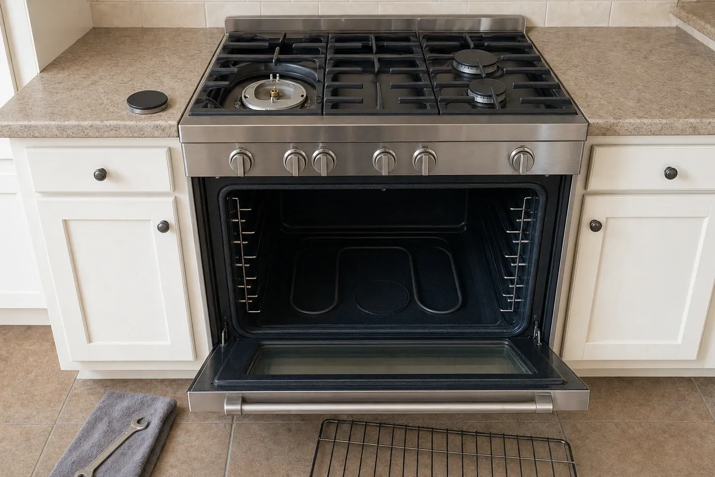 Freestanding stainless gas range between cream cabinets, oven door open and a rack set down on the floor
