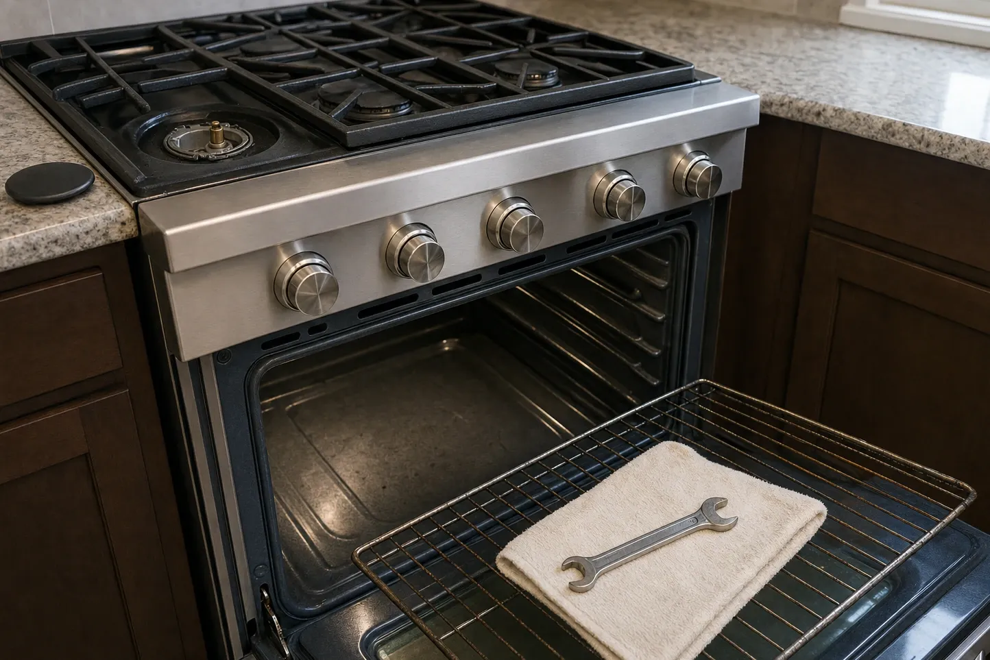 Gas range with five heavy control knobs, an uncovered burner head at the back of the cooktop and an oven rack pulled out holding a folded towel and an open-end wrench
