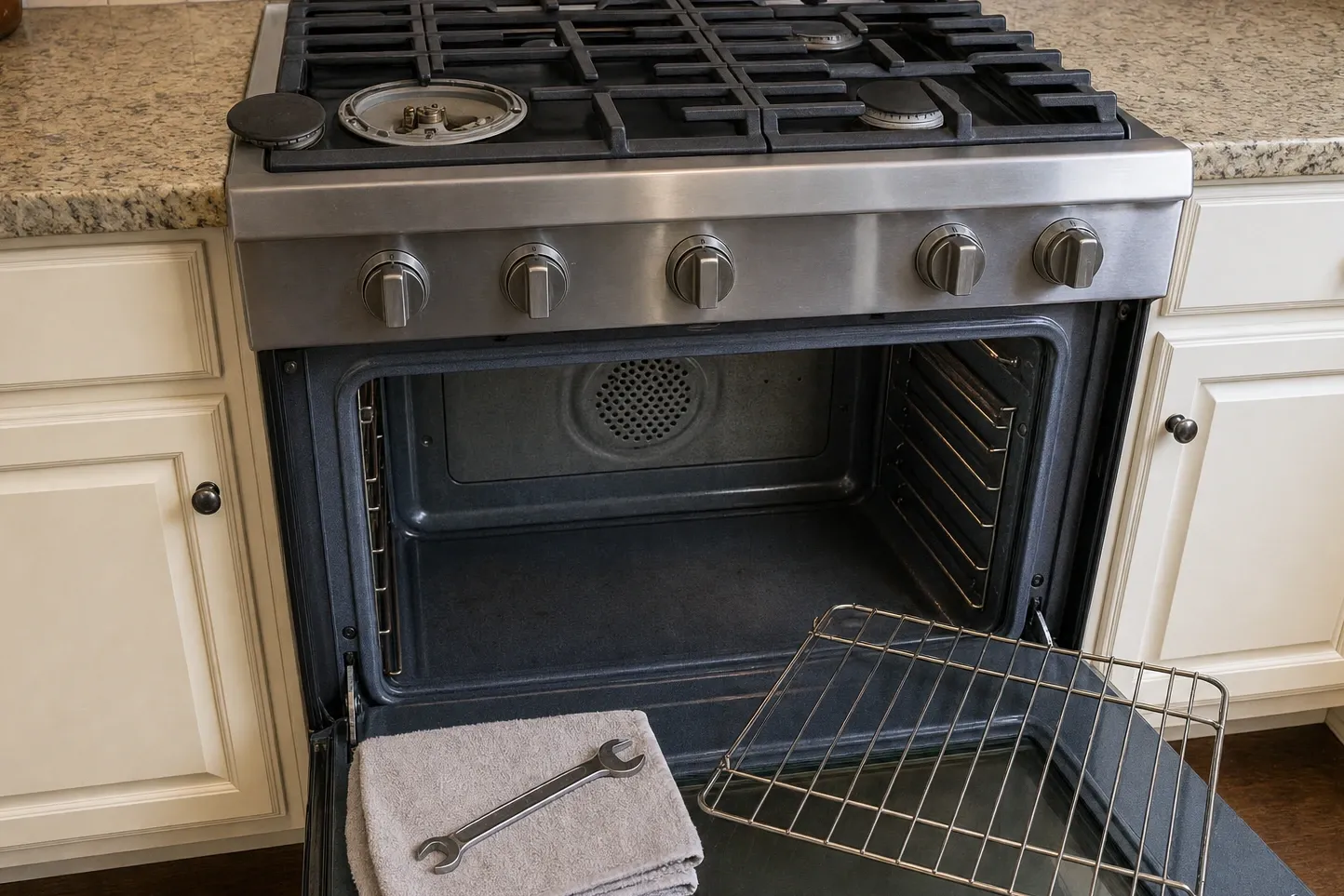 Stainless gas range between cream raised-panel cabinets, one burner base uncovered and the oven door lowered flat over an empty cavity