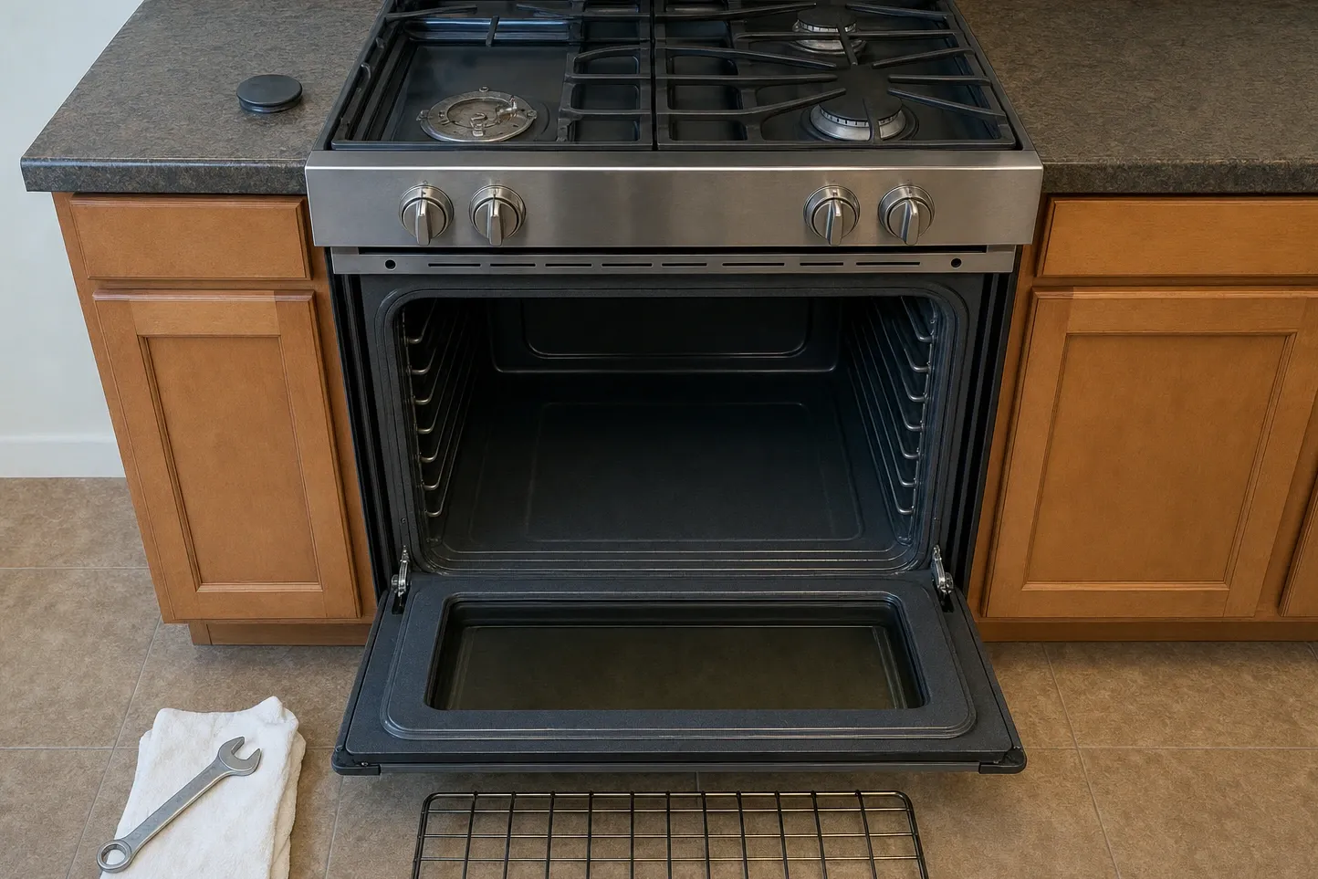 Gas range set between medium-oak cabinets over a tiled floor, the oven door lowered flat and a burner cap resting on the counter beside it