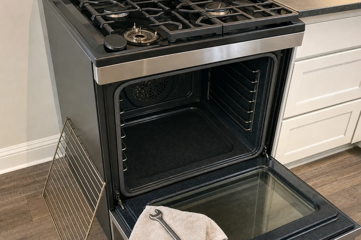 Gas range in a white shaker kitchen with the front burner stripped down to its brass orifice and an oven rack leaning against the wall