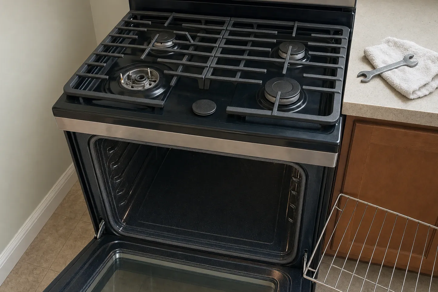 Black gas range with a stainless trim strip, one burner head bare on the cooktop and the oven open below, a folded towel and a wrench on the counter
