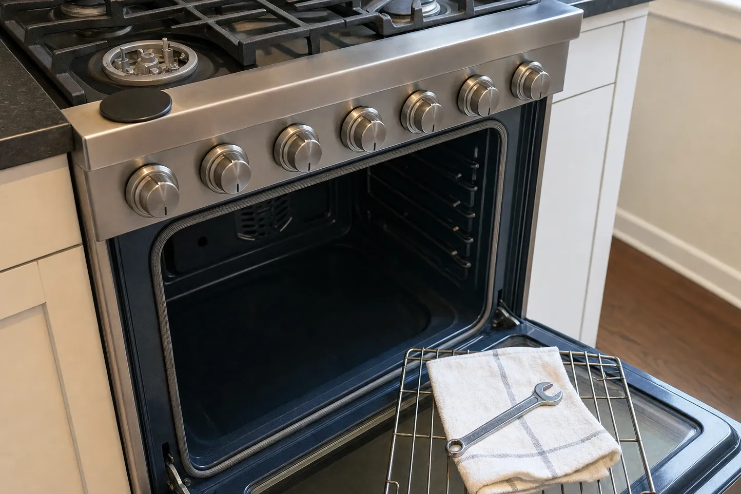 Close view of a stainless control fascia with seven knobs in a row, an uncovered burner above it and the oven standing open behind