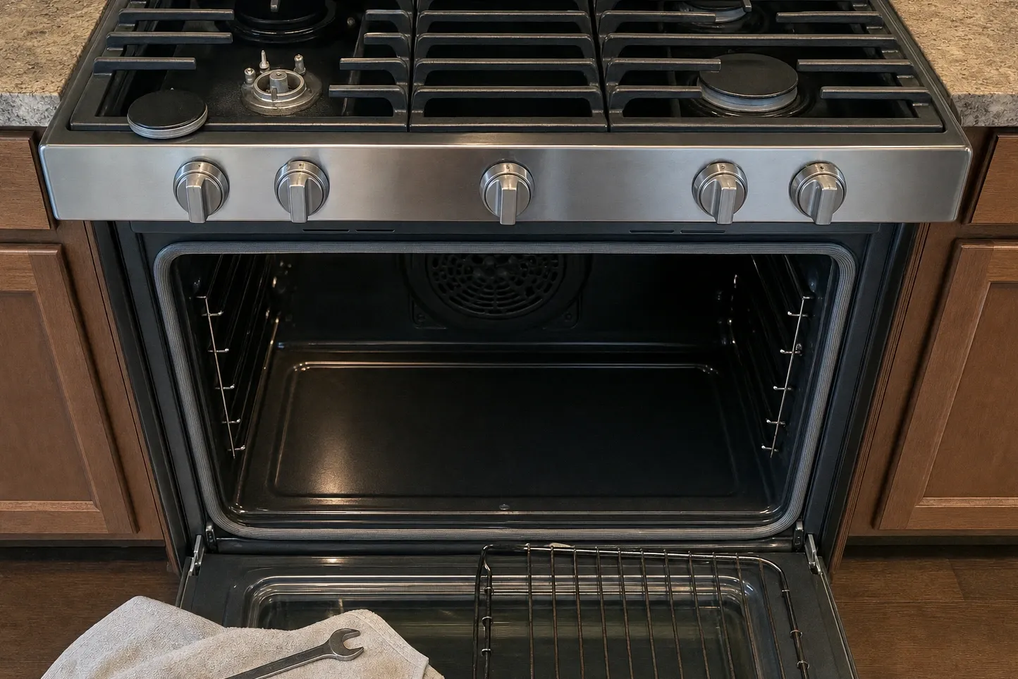 Gas range with the oven door lowered flat, showing the circular convection fan cover centred on the back wall and a burner opened up above it